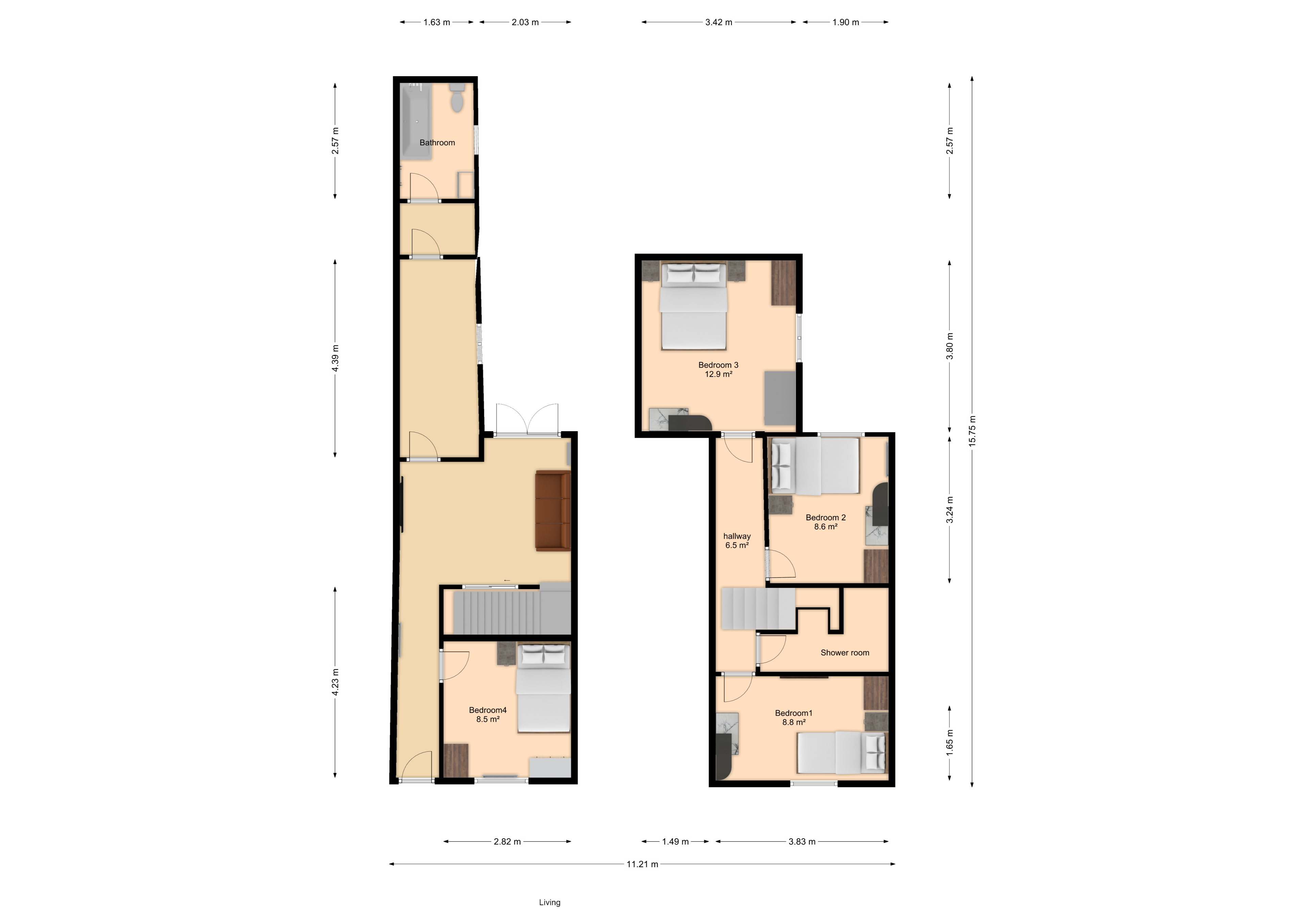 Floorplan showing four bedrooms, two bathrooms, living room and kitchen