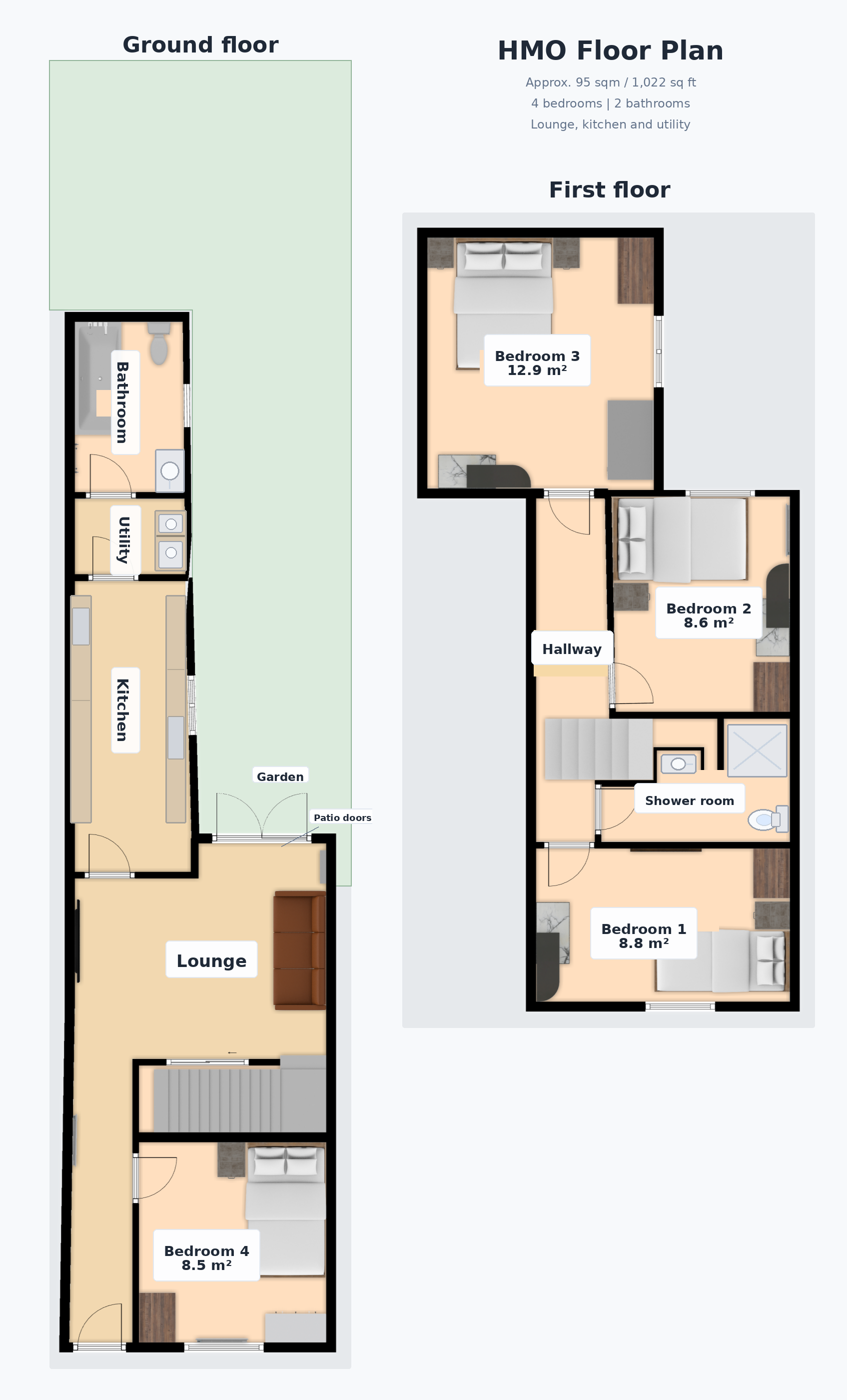 Floorplan showing four bedrooms, one bathroom, one shower room, living room and kitchen