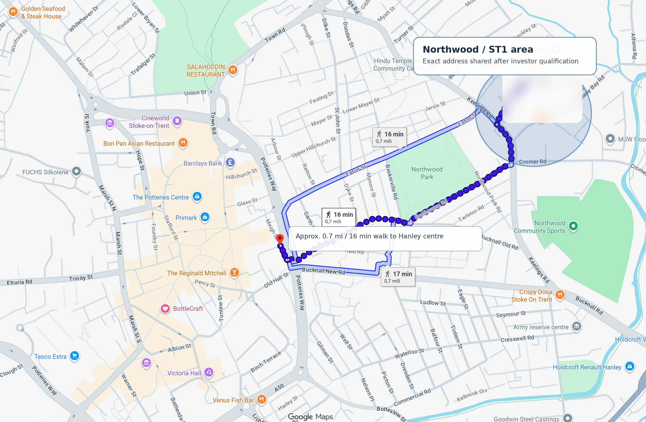 Public Northwood ST1 area map showing walking context to Hanley
